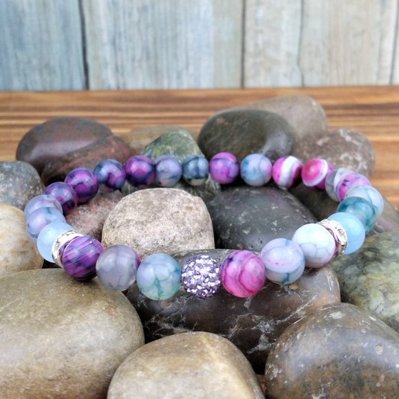 Jewelry - Purple & Green Dyed Agate Rhinestone Ball Beaded Stretch Bracelet
